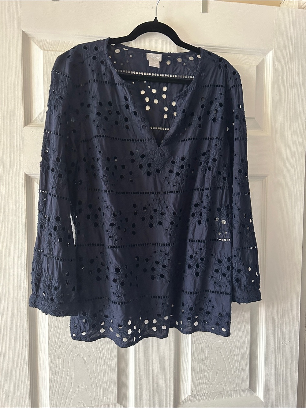 Chico's Navy Eyelet V-Neck Tunic